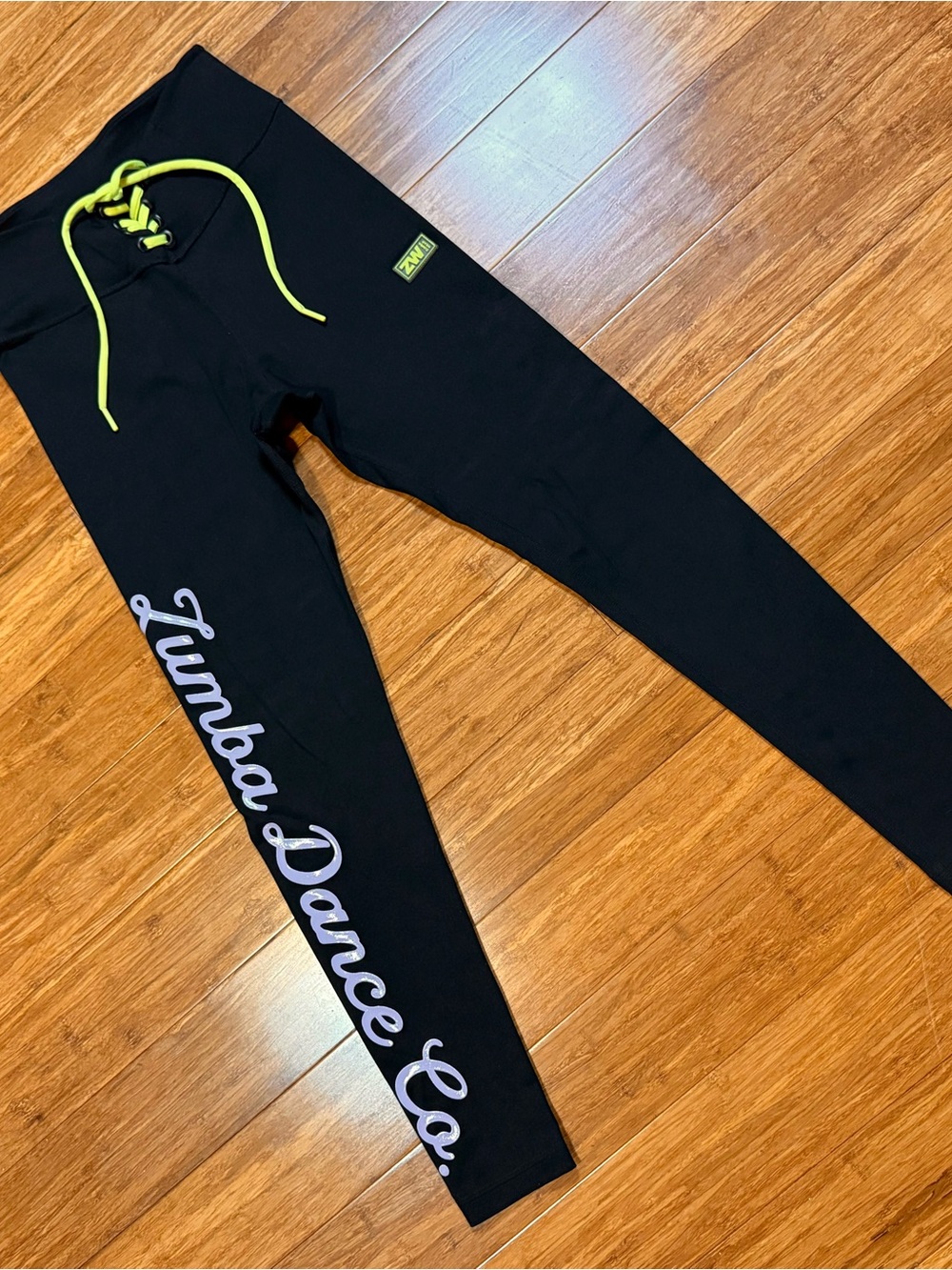 Zumba Fitness Lace Up Waistband Black Ankle Leggings Zumba Dance Co. Script S